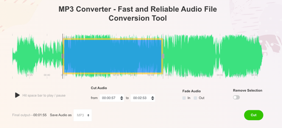 Screenshot of mp3-convert.io's adjust time to convert interface